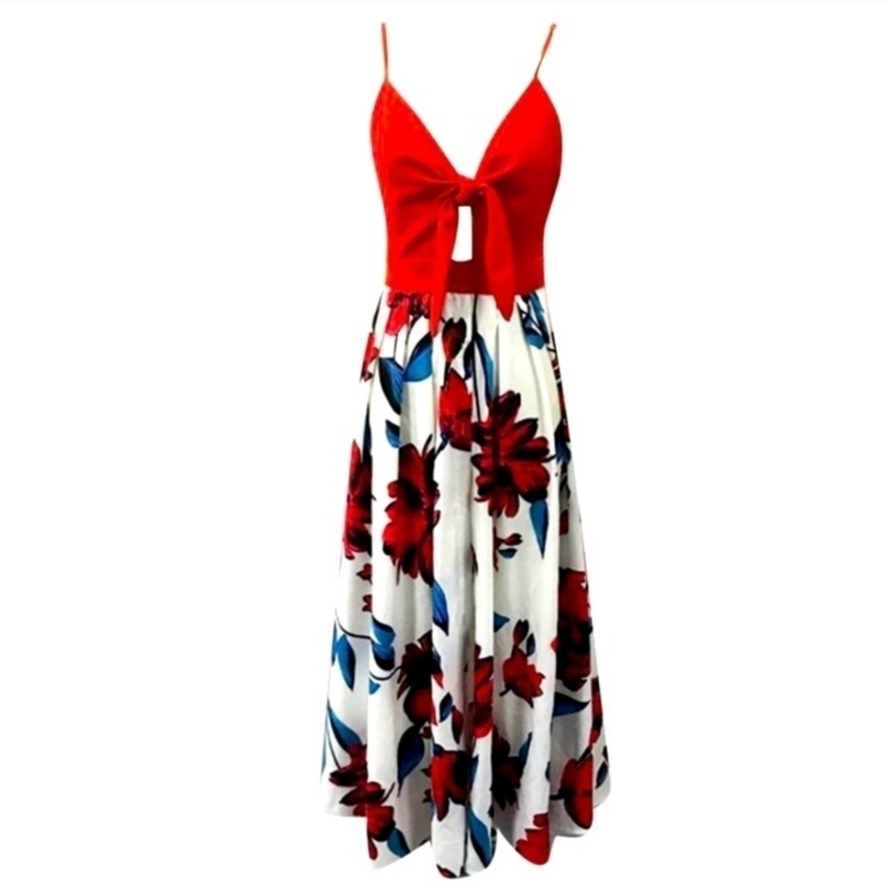 Tie Front V Neck Cami Floral Print Spaghetti Strap Button Down A-Line Ma… - Picture 2 of 12